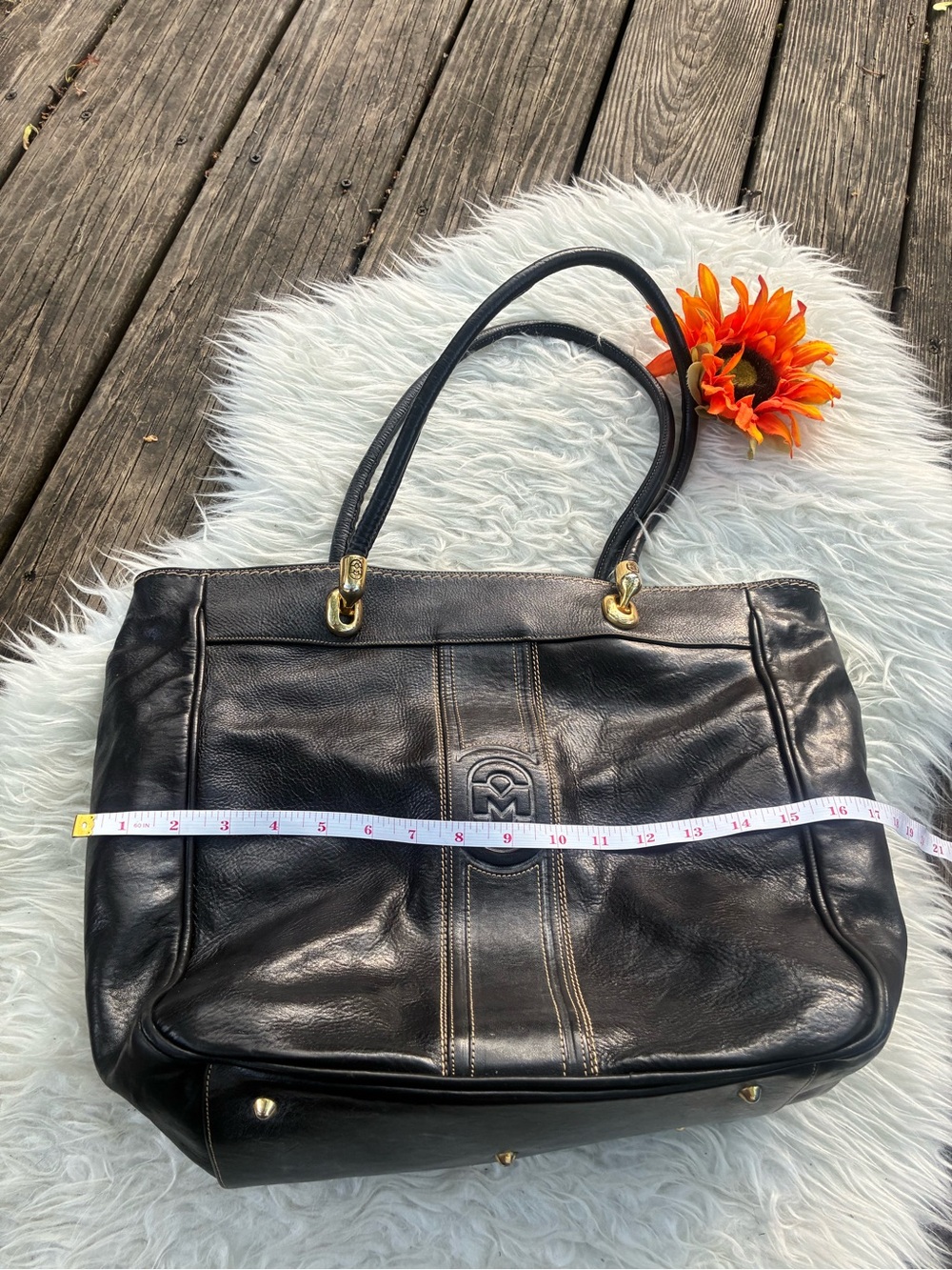 🌺LARGE Marino Orlandi VINTAGE genuine leather tote shoulder bag black🌺 - Picture 4 of 10